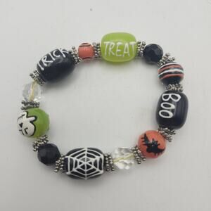 Colorful Halloween Trick Treat Spider Web Skull Beaded Stretch Bracelet Jewelry